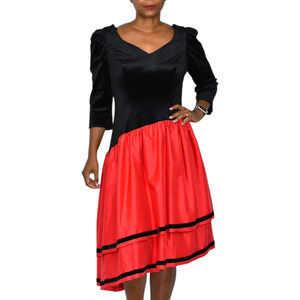 Vintage 80s Black Velvet Dress Red Asymmetrical Tiered Stretch Handmade Large